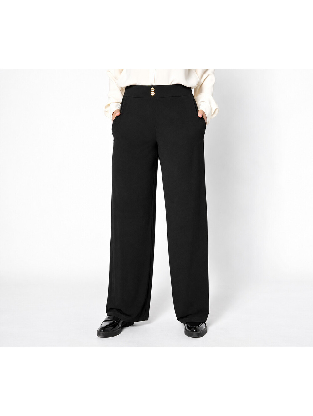 Susan Graver Regular Liquid Knit Wide-Leg Pants w/ Button Detail Black, Medium
